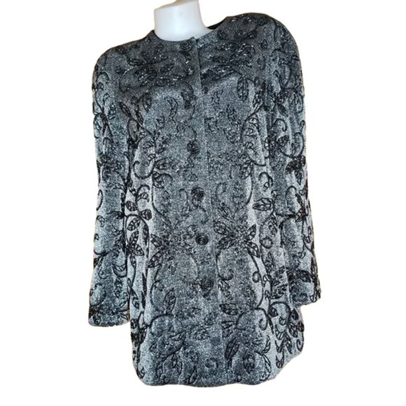 Vintage Carmen Marc Valvo Silver Black Beaded Longline Evening Jacket Blazer 12 - Picture 1 of 9